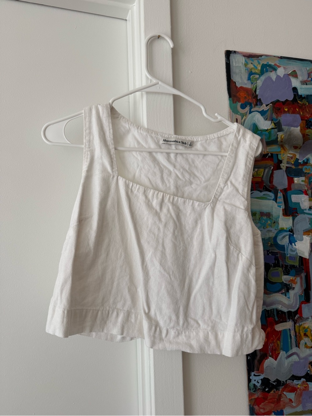 Abercrombie & Fitch White Square-Neck Cotton Crop Tank linen